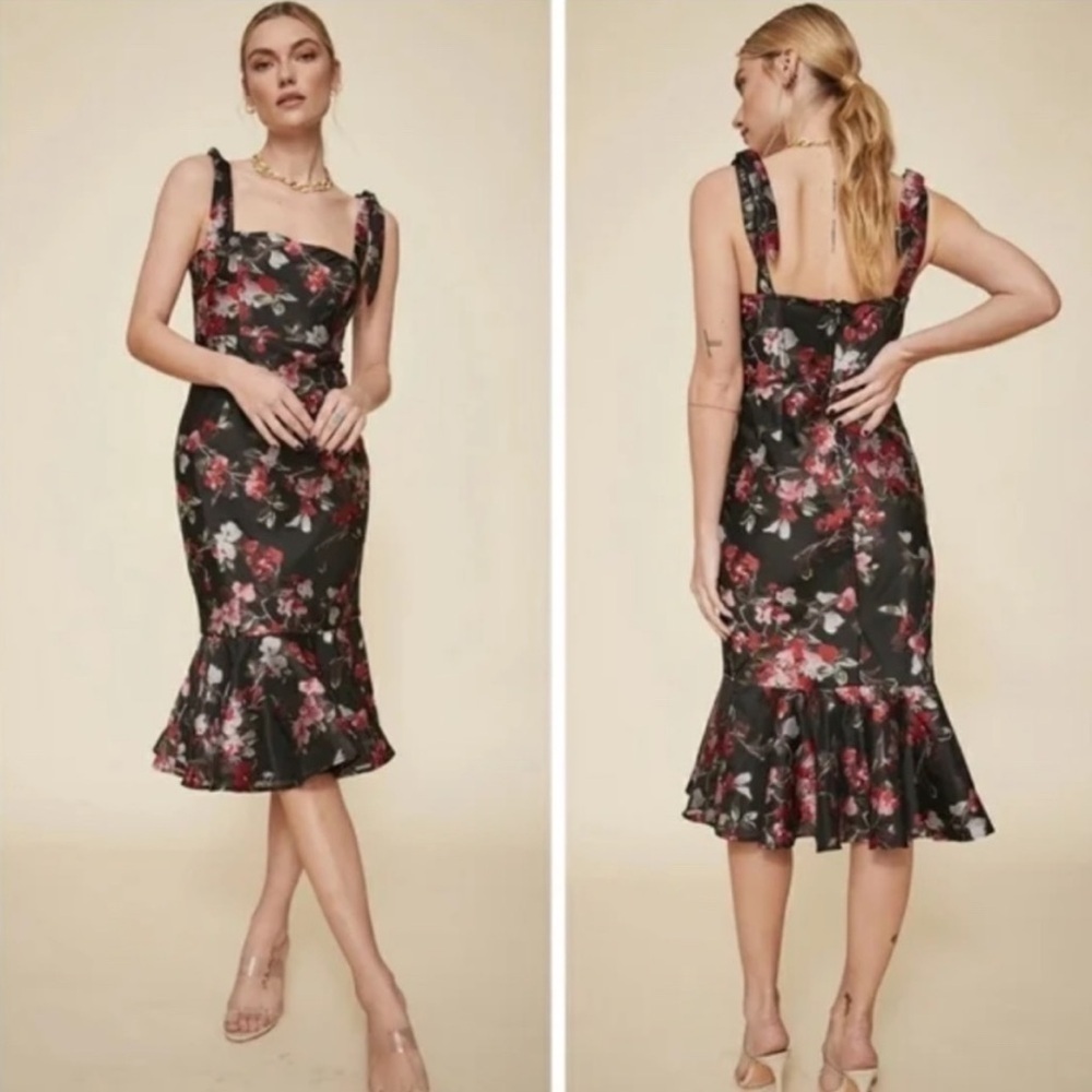 LPA Zelmira Black Floral Sleeveless Peplum Midi Flounce Dress Size Small